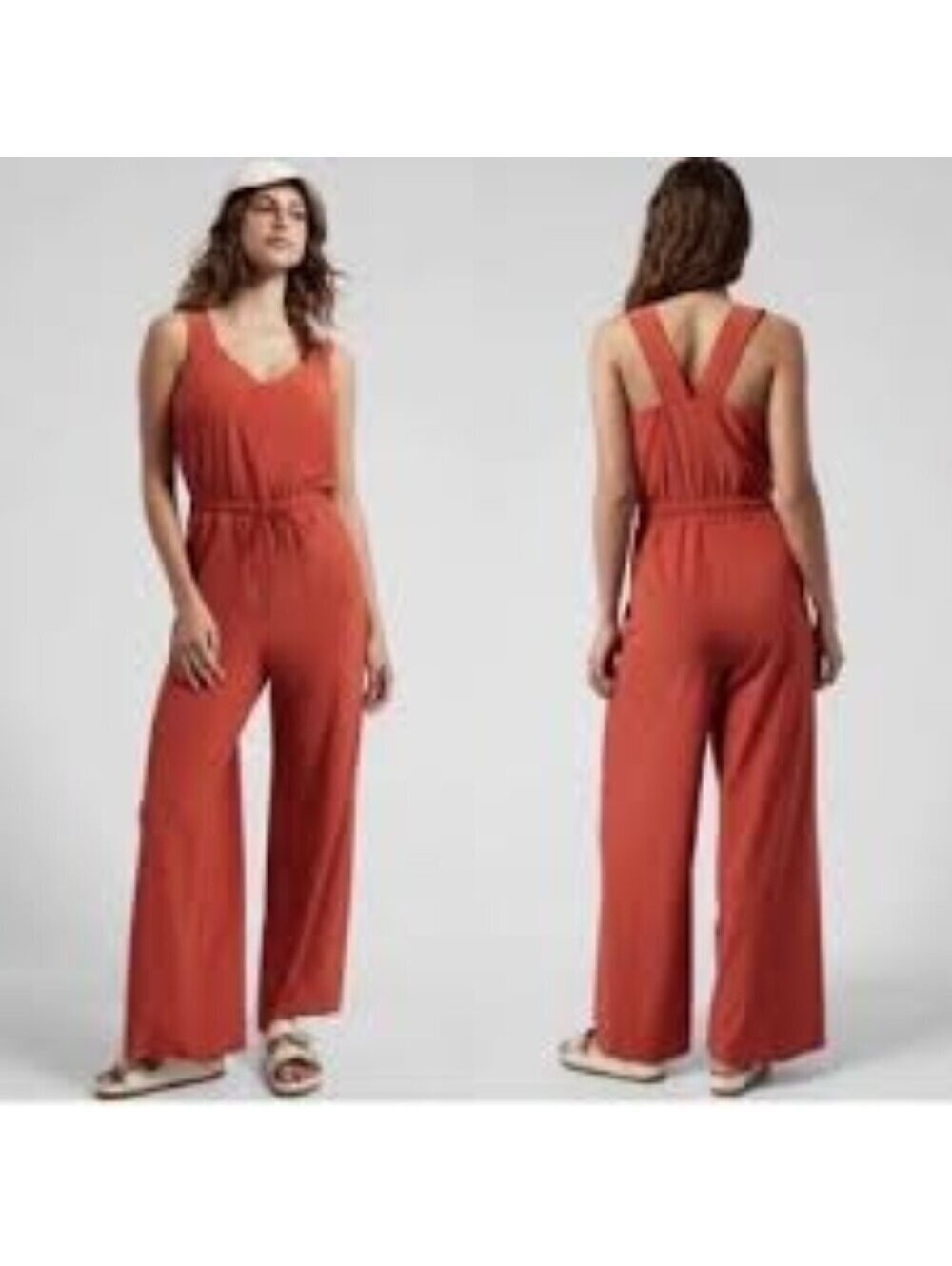 Athleta Savannah Jumpsuit Rust Orange/Currant Red Sleeveless Wide Leg Size 6